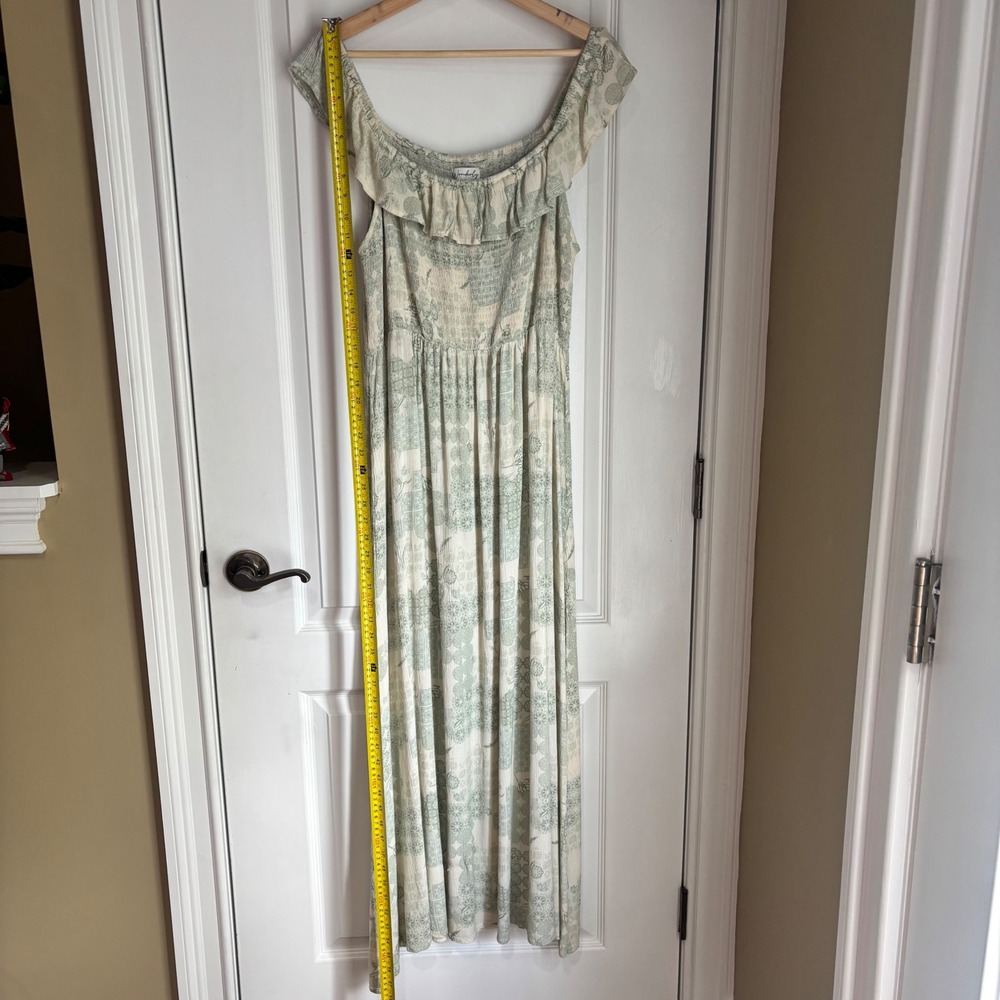 Wonderly Womens XL Sage Green Damask Floral Smocked Off Shoulder Maxi Dress - Picture 4 of 5